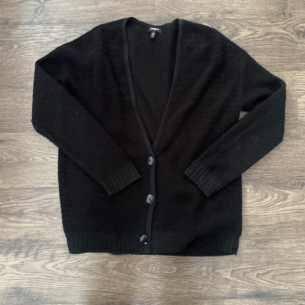 Black Button Up Cardigan - Textured Cozy Layering Slouchy